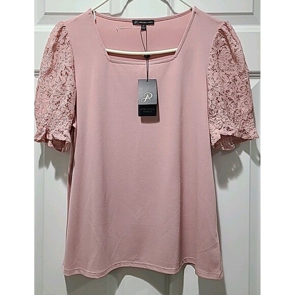 NWT $69 Adrianna Papell Blush Pink Square Neck Slinky Puff Lace Short Sleeve Top - Picture 1 of 9